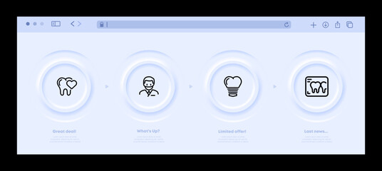 Dentistry set icon. Tooth, teeth, heart, stomatology, dentist, x ray, dental implant, enamel, whiten. Healthcare concept. Neomorphism website interface. Vector line icon for Business and Advertising