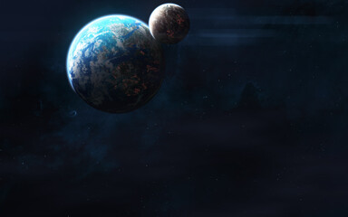 Plakat Distant inhabited planets of deep space. Science fiction. Elements of this image furnished by NASA