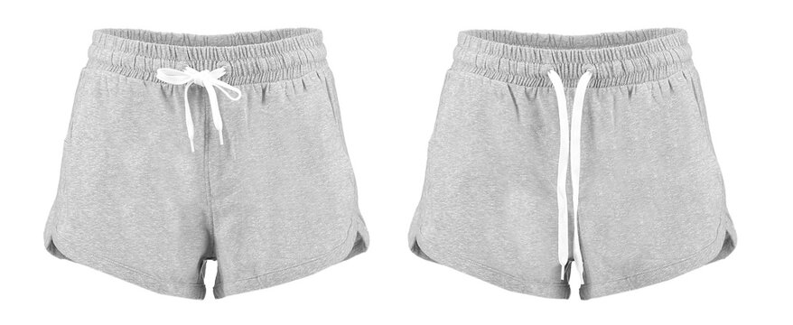 Pair of gray shorts. Women's light gray short shorts with a drawstring. Isolated image on a white background.