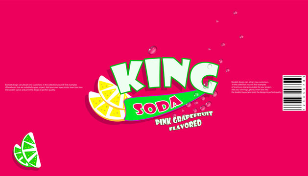 label for bottles of carbonated drinks, in pink with a slice of lemon and orange. Made in a recognizable style