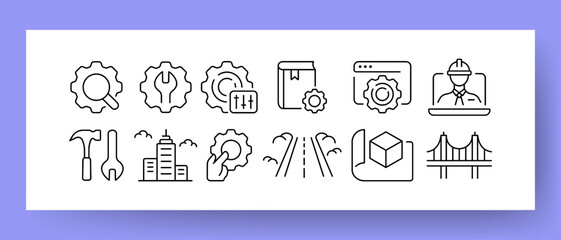 Engineering set icon. Gear, magnifier, wrench, settings, sliders, instruction, website, engineer, builder, laptop, hammer, skyscraper, road, bridge, 3D cube, three dimensional. Construction concept