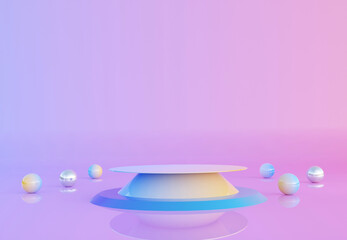 Gradient podium with mini spherical objects. Stand to show products. Stage showcase with colorful scene for presentation. Pedestal display. 3D rendering. Studio platform template.