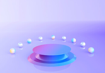 Gradient colorful podium with tiny balls in circle. Stand to show products. Stage showcase with colorful cute scene for presentation. Pedestal display. 3D rendering. Studio platform template.