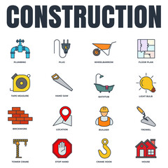 Set of Construction icon logo vector illustration. house, tower crane, builder, hand saw, plug, plumbing, bathtub and more pack symbol template for graphic and web design collection
