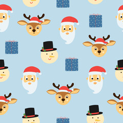 Seamless pattern of cute deer, snowman, santa claus and gift boxes on blue background. Background for Christmas design. 