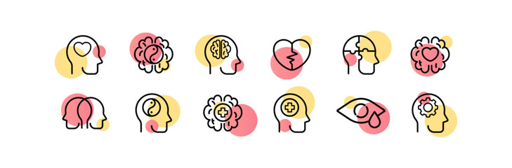 Psychotherapy set icon. Mental health, psychiatry, depression, cry, Yin Yang, brain, head, heart, bipolar, anxiety disorder. Healthcare concept. Vector line icon for Business and Advertising