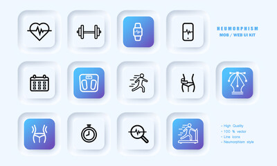 Healthy lifestyle set icon. Smart bracelet, stopwatch, weight loss, physical activity, scales, treadmill, sports, schedule, pulse, barbell, dumbbell. Healthcare concept. Neomorphism. Vector line icon