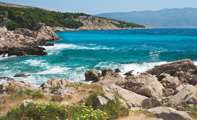 Seascape with Adriatic sea, rocks and Baska beach, Krk island, Croatia, Balkan mood