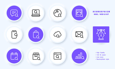 Magnifiers for search set icon. Speech bubble, laptop, user, planet, picture, phone, package, cloud storage, email, calendar, website, box, bar chart. Internet concept. Neomorphism. Vector line icon