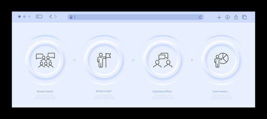 Working communication set icon. Teamwork, flag, achievement, information exchange, data analitycs, pie chart. Business concept. Neomorphism website interface. Vector line icon for Advertising