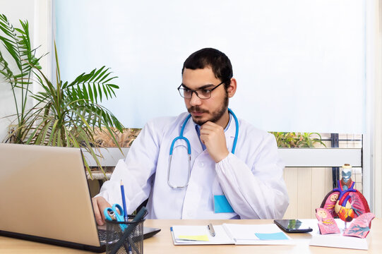 Doctor Pneumologist working with laptop in modern office, and anatomical model of the lung on desk.