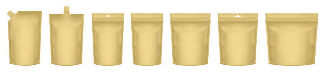 Set of realistic doy pack mockups. Gold flow pack, sachet, zip bag and doypack