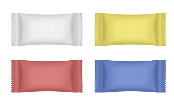 Set of white, yellow, red and blue flow packs. Chocolate bar or ice cream wrapper. Silver foil bag. Soap or wet wipes. Realistic 3d mockup of a flow pack or sachet. Pouch