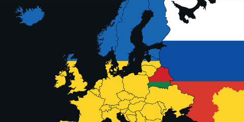Map of Europe showing allied countries in the national colors of Ukraine vector illustration.