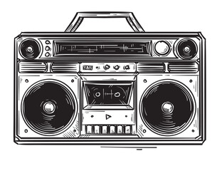 Black and white hand drawn retro 80s musical boombox tape recorder