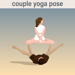 Yoga for two, couple yoga pose, yoga for friends, flat vector illustration in trendy style.