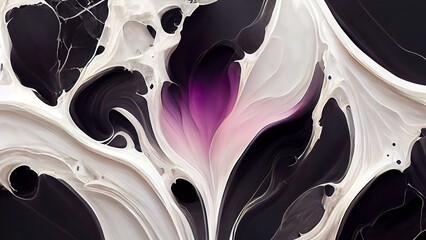 Liquid black and white marble texture with hints of purple. Smooth creamy wallpaper. High end, fashion backdrop. Luxury background. Melted, elegant shapes. Modern, simple design. 3d render.