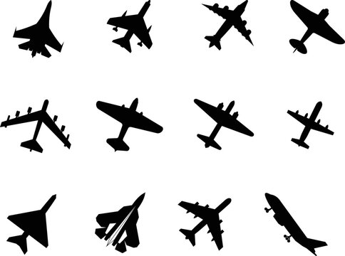 Collection of Airplane flat Icon isolated vector Silhouettes