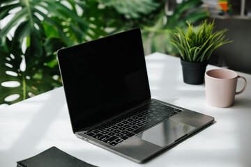 Laptop, note book and a cup on work desk in workplace with ornamental plant.