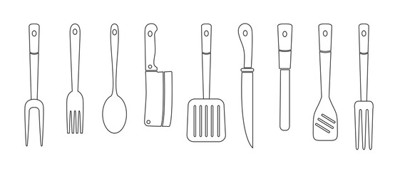 Vector set of butcher and BBQ supplies on white background.Vector BBQ linear icons. Meat knives, grill fork, spatula. Kitchen tools