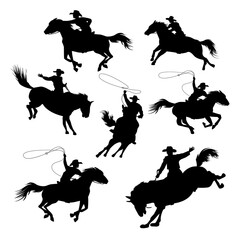 Skillful cowboy riding a horse. Cowboy riding a horse. Rider skill. Silhouettes of a cowboy with a horse. Man and horse