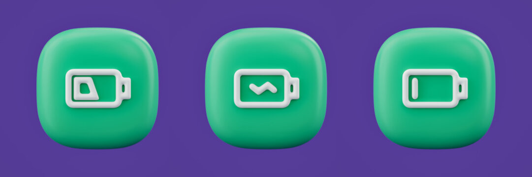 Battery charging 3d icons on a green button, white outline energy icon, 3d rendering
