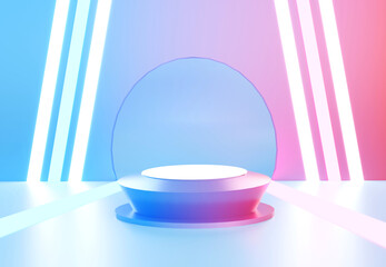 Gradient blue and pink podium with neon light line. Stand to show products. Stage showcase with colorful scene for presentation. Pedestal display. 3D rendering. Studio platform template.