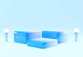 Gradient blue podium with light bulb. Stand to show products. Stage showcase with minimal scene for presentation. Pedestal display. 3D rendering. Studio platform template