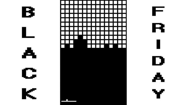 Motion design animation in the style of the black friday arkanoid video game. The ball knocks out bonuses for the sale in the form of percentage discounts of one mega sale, the inscription you win