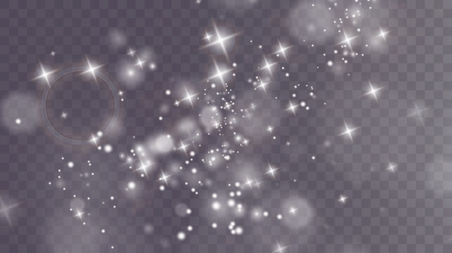 Christmas background. Powder PNG. Magic shining white dust. Fine, shiny dust particles fall off slightly. Fantastic shimmer effect.