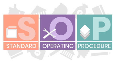 SOP, Standard Operating Procedure. Concept with keywords, letters and icons. Colored flat vector illustration. Isolated on white background.