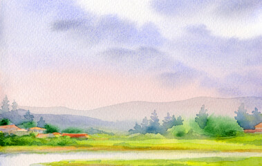 Fototapeta na wymiar Watercolor landscape. Village by the river