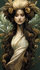 Beautiful seductive dryad. The pagan spirit of the forest. Portrait of a beautiful dryad. - obrazy, fototapety, plakaty