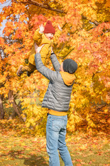 Father lifting daughter up to the sky in an autumn park. Happy father and child daughter on autumn walk. 