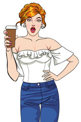 pop art comics cartoon expression character with cup of coffee,beverage