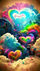 Fototapeta na wymiar Abstract multicolored wonderful hearts. Lots of colored airy hearts, colored paints, rainbows and multicolored smoke. Colorful rainbow illusion. The concept of dreams and loves.