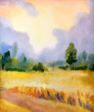 Watercolor landscape. Road in a wheat field