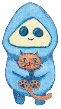 Drawing of a smiling figure wearing blue hoodie holding a happy orange cat. Transparent background. 