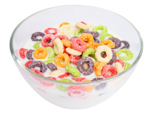 Fruity loops cereal rings breakfast with milk isolated on the white background