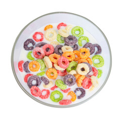 Fruity loops cereal rings breakfast with milk isolated on the white background