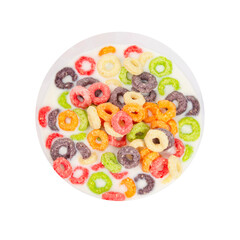 Fruity loops cereal rings breakfast with milk isolated on the white background