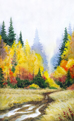 Watercolor landscape. Road to the autumn forest