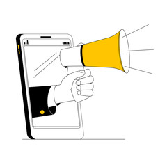 A hand with a screaming megaphone sticks out of a smartphone. Vector illustration in a flat style on the topic of attracting followers.