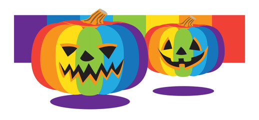 Multicolored halloween pumpkins with funny evil faces. Ideal for invitations, posters, flyers, cards. Colorful and festive vector design. colorful halloween