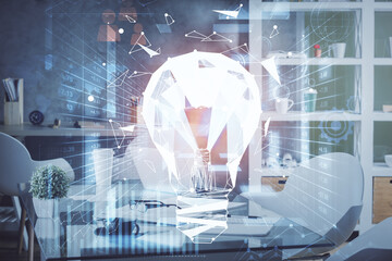 Double exposure of bulb and office interior background. Concept of idea.