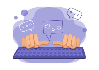 Hands with a keyboard. The man works at the computer. Icon, sign. Vector illustration.