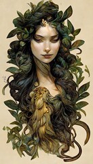 Beautiful seductive dryad. The pagan spirit of the forest. Portrait of a beautiful dryad. - obrazy, fototapety, plakaty