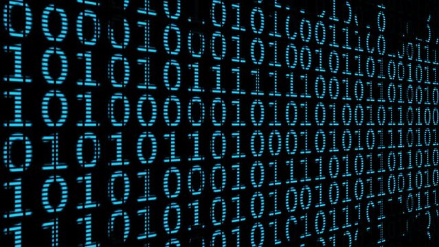 Looping binary code data on dark black animation background.
