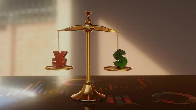 Dollar against yuan 3d render concept animation. Balance libra measuring reserve currency of the world.