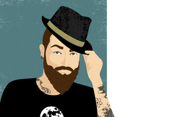 An attractive tattooed man wearing a grunge moon shirt and tipping a fedora hat. With patterns, textures, and copy space
 - obrazy, fototapety, plakaty